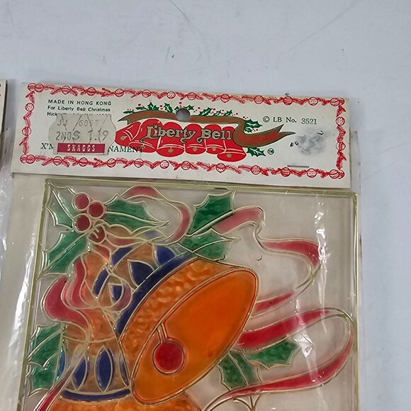 Vintage Liberty Bell Christmas Plastic Stained Glass Ornaments NOS Set of 2 - Picture 5 of 9